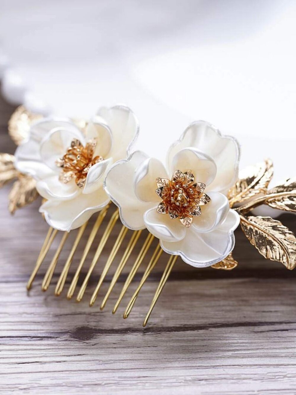 Bride Flower Bridal Hair Comb Gold Leaf Wedding Hair Piece Floral Hair Accessori